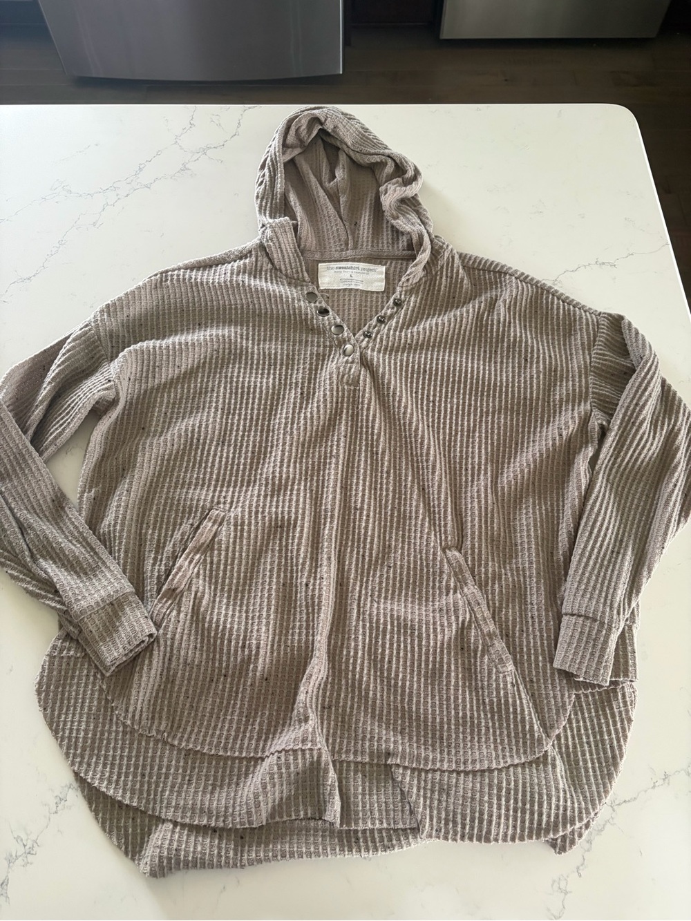 The Sweatshirt Project Waffle-Knit Taupe Hooded Pullover Sweater - Women’s Large